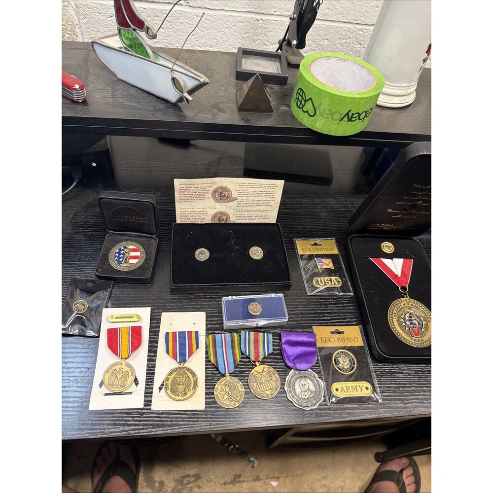 US Army National Guard Military Medal Coin Pin Lot – Cased Awards Ribbon